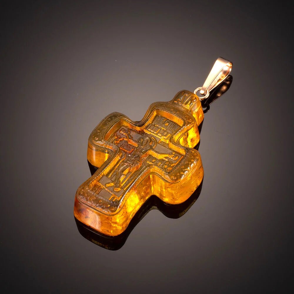 Carved cross made of natural light amber| Amber Carved Cross|Crucifixion Pendant |Amber Jewelry Gift |Religious Gift |Jesus Savior