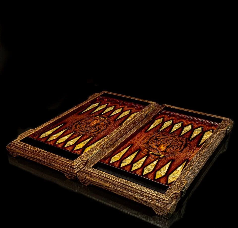 BACKGAMMON SET AMBER Tiger| Wooden backgammon board|Custom Backgammon| Amber Backgammon chips |Amber Dices| Handmade checkers