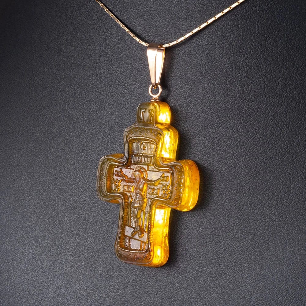Carved cross made of natural light amber| Amber Carved Cross|Crucifixion Pendant |Amber Jewelry Gift |Religious Gift |Jesus Savior