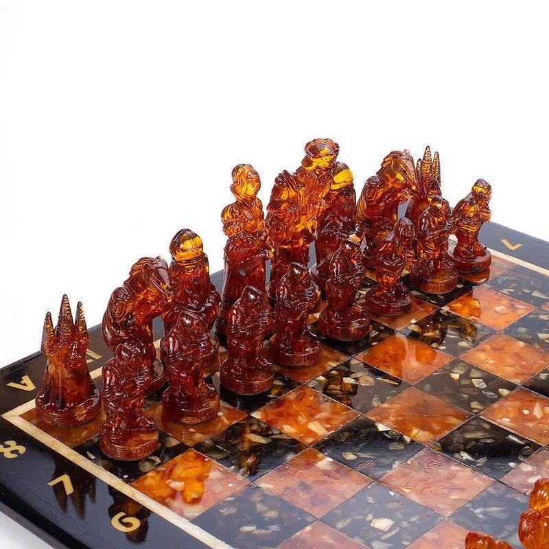 Large amber chess set made of oak wood with figures Medieval Knights|Amber chess pieces|Board Game|unique Chess gift
