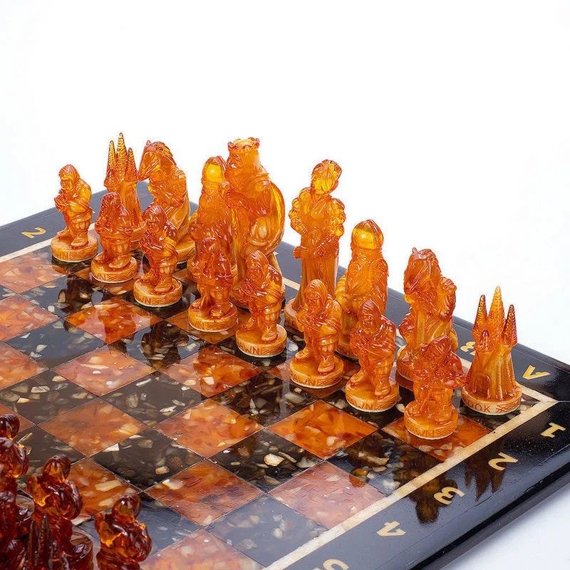 Large amber chess set made of oak wood with figures Medieval Knights|Amber chess pieces|Board Game|unique Chess gift