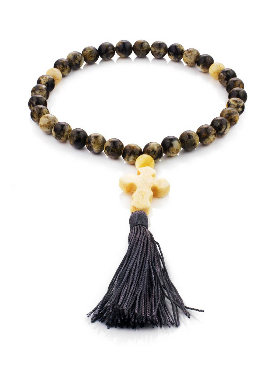 Orthodox rosary Variegated 33 beads made of natural green amber with yellow carved cross|Unick Large amber rosary|Religious prayer beads