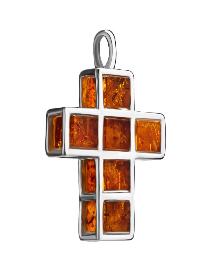 Unusual Pendant Cross made of Natural Baltic Amber cognac color | Silver Amber Cross Pendant | Amber Jewelry Gift | Religious Gift Jesus