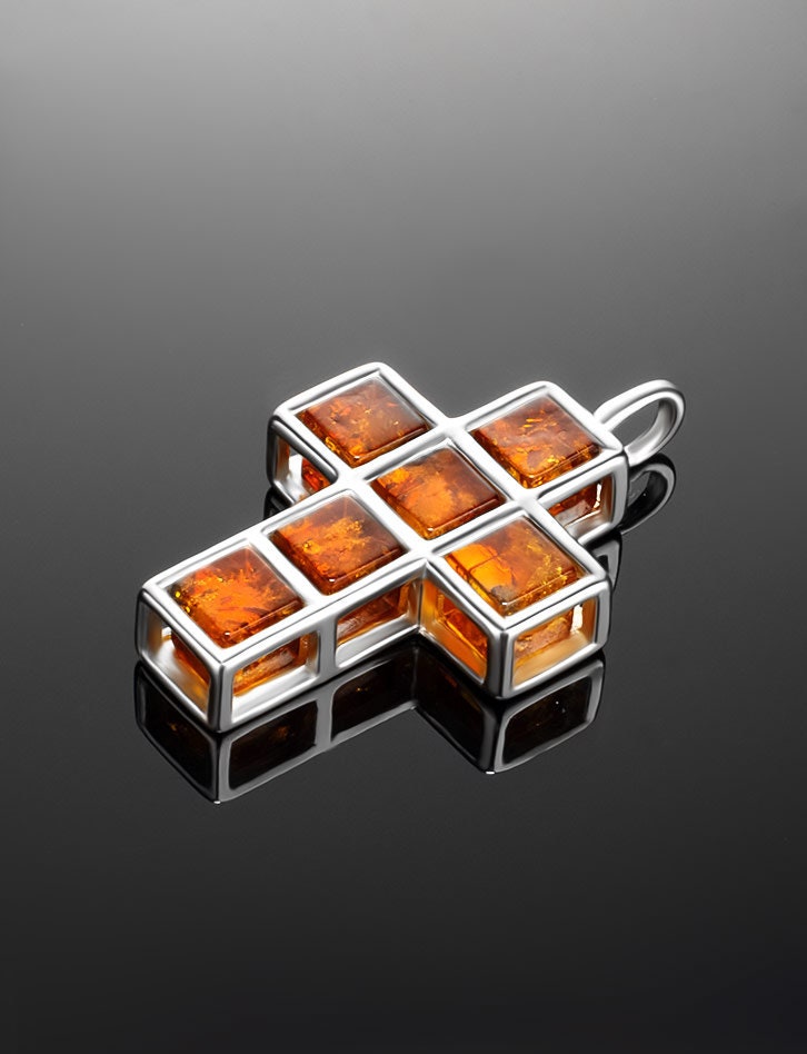 Unusual Pendant Cross made of Natural Baltic Amber cognac color | Silver Amber Cross Pendant | Amber Jewelry Gift | Religious Gift Jesus