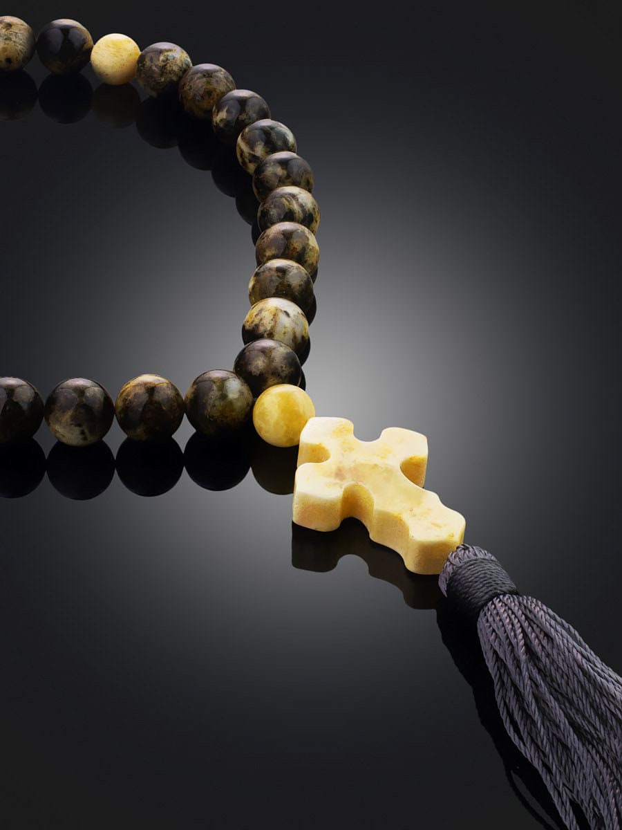 Orthodox rosary Variegated 33 beads made of natural green amber with yellow carved cross|Unick Large amber rosary|Religious prayer beads