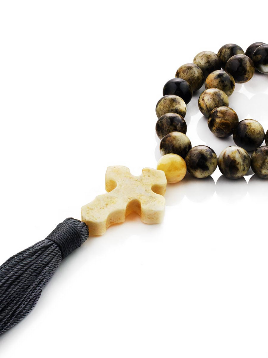 Orthodox rosary Variegated 33 beads made of natural green amber with yellow carved cross|Unick Large amber rosary|Religious prayer beads
