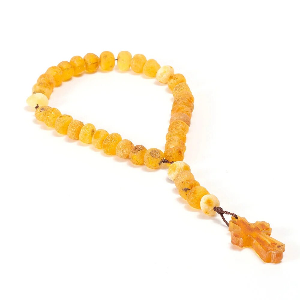 Hanndmade small prayer beads made of natural raw amber with a cross|Unick baltic amber Religious prayer beads| Jesus Christ Religious Gift