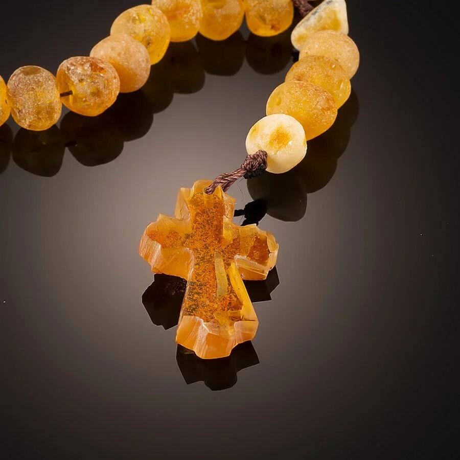 Hanndmade small prayer beads made of natural raw amber with a cross|Unick baltic amber Religious prayer beads| Jesus Christ Religious Gift