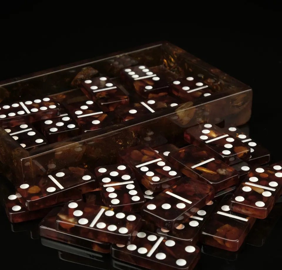 Amber Domino Set with chips in a carved Amber Box| Baltic Amber dominoe set|Amber dominoes|Amber bones Chips|Board game