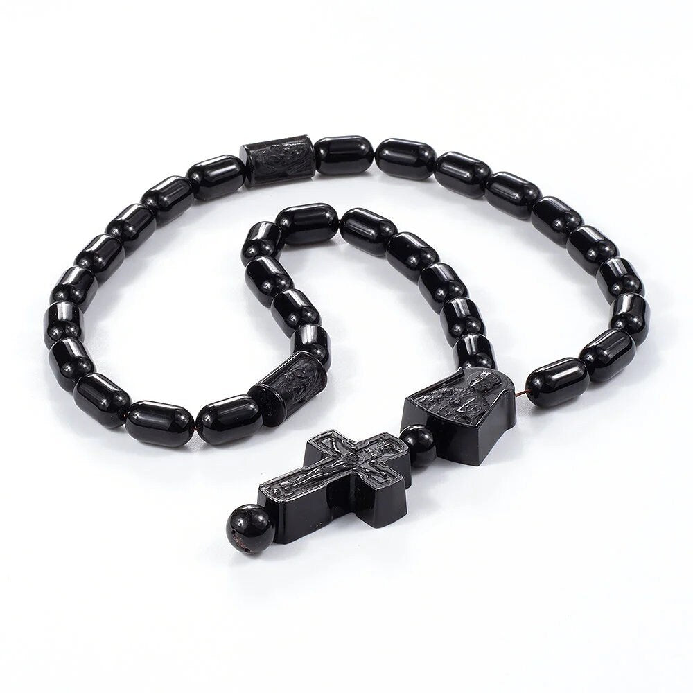 Large amber rosary barrels beads with carved cross|Unick Large amber|Religious prayer beads|Jesus Christ|Religious Gift