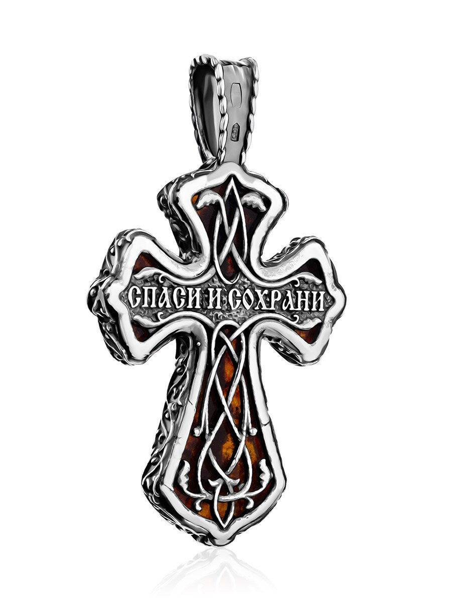 Cognac amber cross in silver frame|crucifix cherry Amber Cross Pendant|Handmade Amber Jewelry Gift|Religious Gift Jesus