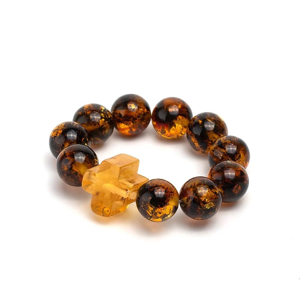 Finger rosary amber|green amber Ringed rosary with cross |10 beads for prayers|Religious Gift| Baltic amber rosary