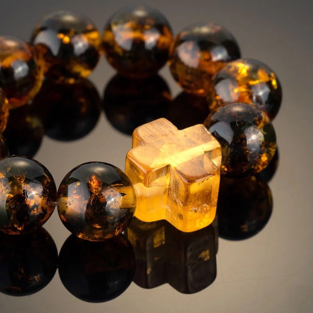 Finger rosary amber|green amber Ringed rosary with cross |10 beads for prayers|Religious Gift| Baltic amber rosary