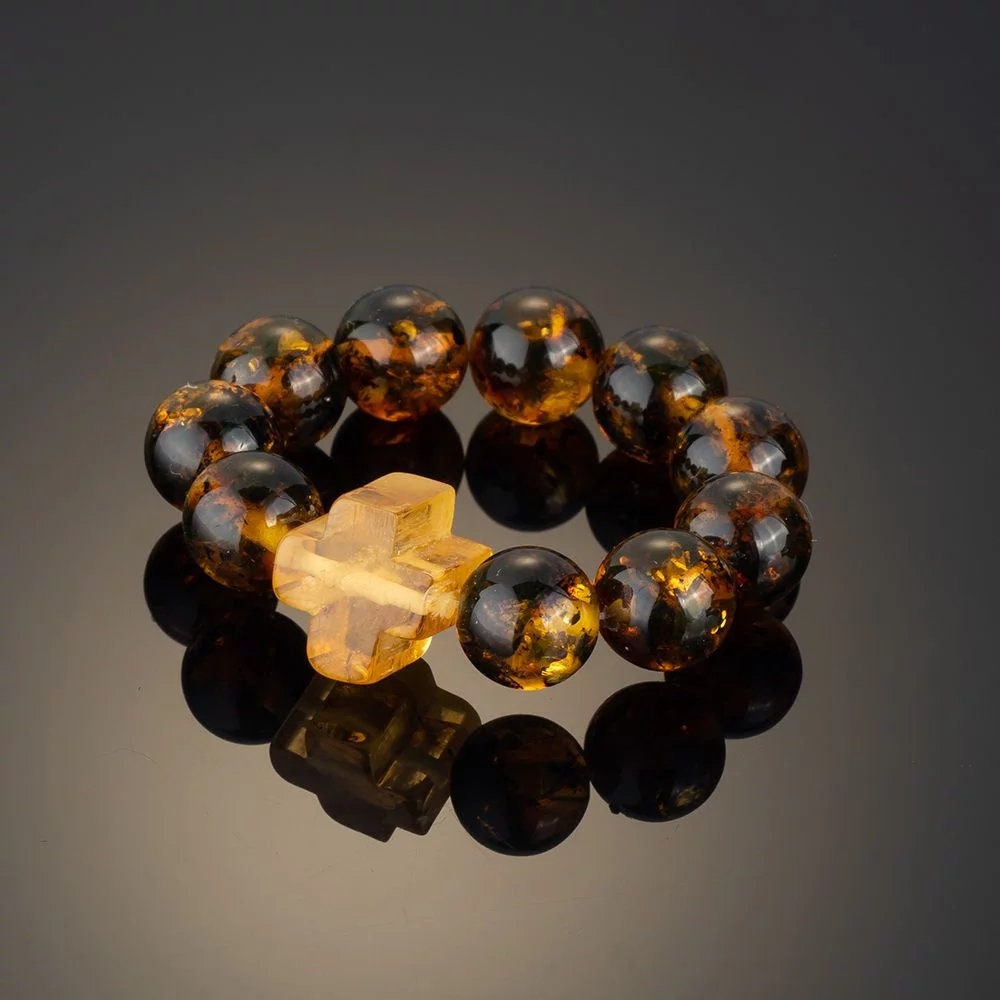 Finger rosary amber|green amber Ringed rosary with cross |10 beads for prayers|Religious Gift| Baltic amber rosary