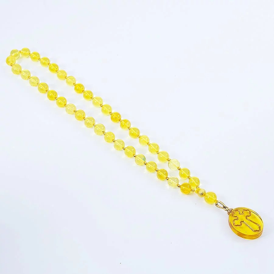 Handmade rosary Prayer beads made of natural amber lemon color with gilded cross|Unick amber rosary| Religious prayer beads| Religious Gift
