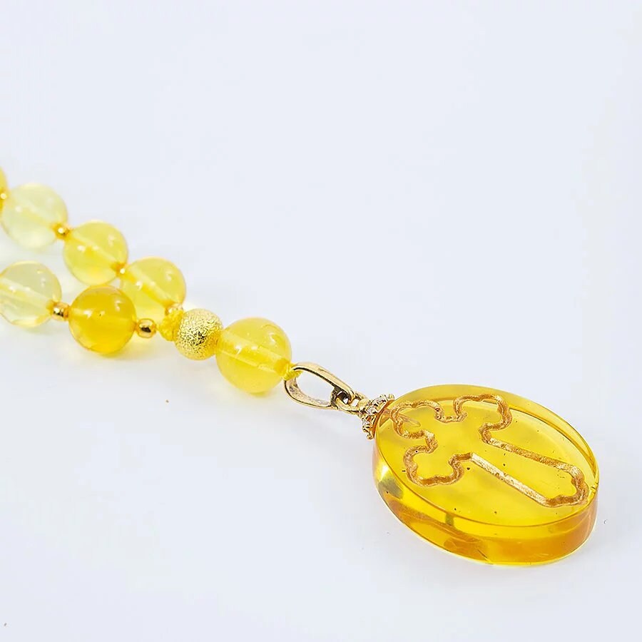 Handmade rosary Prayer beads made of natural amber lemon color with gilded cross|Unick amber rosary| Religious prayer beads| Religious Gift