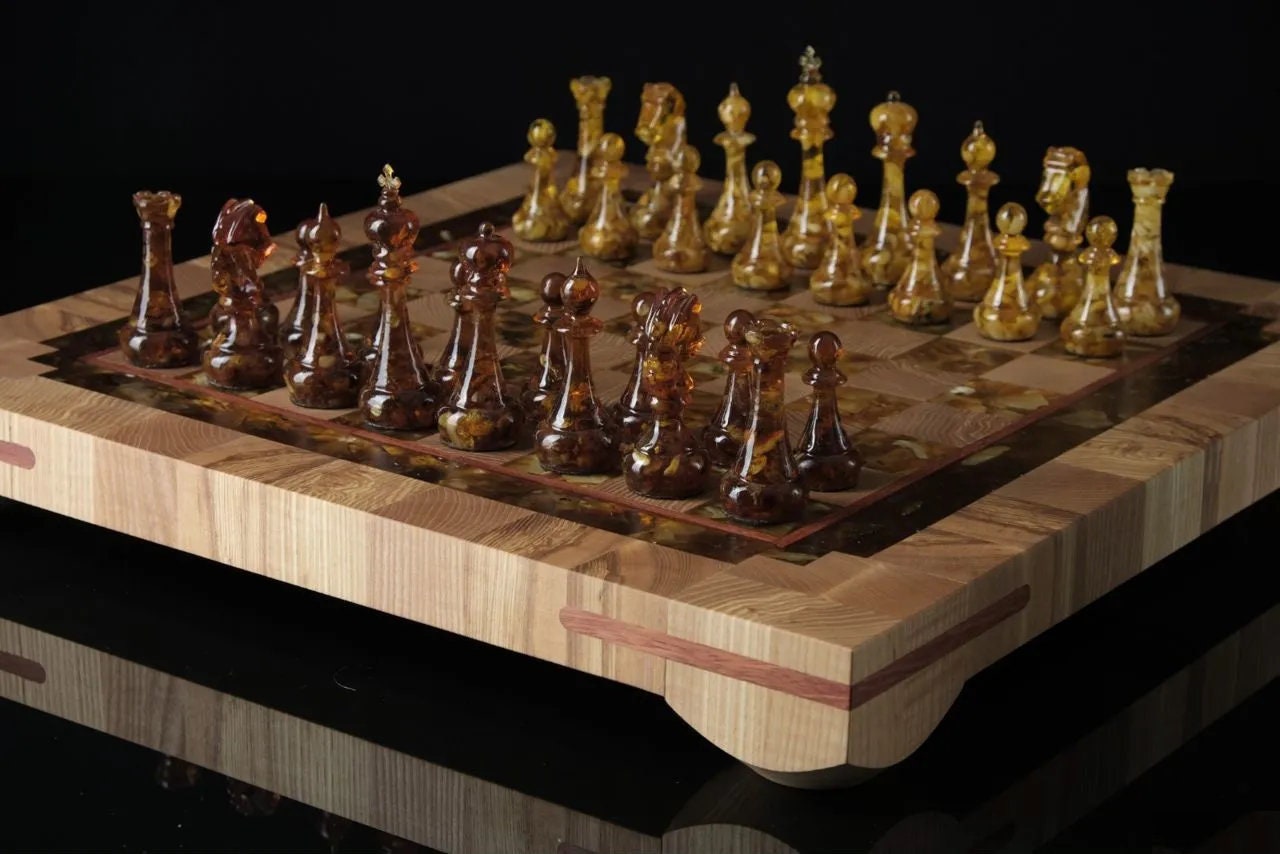 Wooden Amber chess set with amber Chessboard|Amber Chess Pieces| Wooden Chessboard |Chess Figures|Board Game| Vip Gift|Handmade Luxury Chess