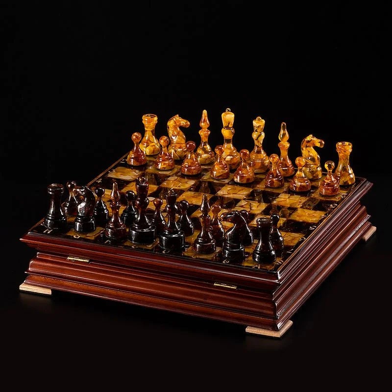 Elegant amber chess in an oak lacquered casket with figures|Wooden Amber Chessboard |Chess Figures|Board Game|Vip Gift|Handmade Luxury Chess