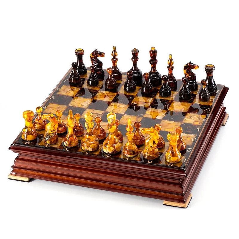 Elegant amber chess in an oak lacquered casket with figures|Wooden Amber Chessboard |Chess Figures|Board Game|Vip Gift|Handmade Luxury Chess