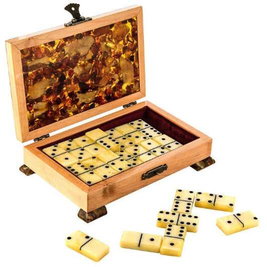 Luxury Domino Set made of natural amber with chips in a carved wooden casket Natural Baltic Amber domino set Amber bones Chips Amber Chips