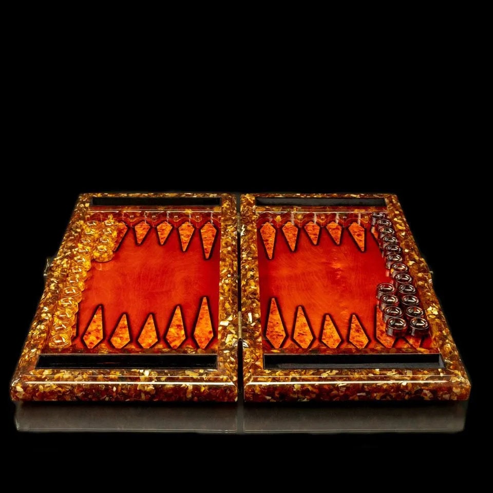 Backgammon set made of Amber Monolith|wooden high quality board decorated Natural Amber| Amber chips Backgammon Dices| Board Game| Vip Gift