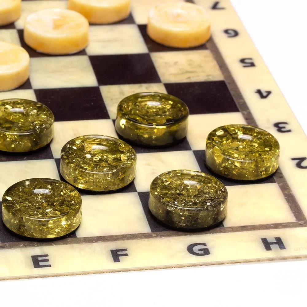 Yellow and green Amber checkers and backgammon chips in a wooden box|Board Game| Luxury Checker pieces |Vip gift|Natural baltic amber