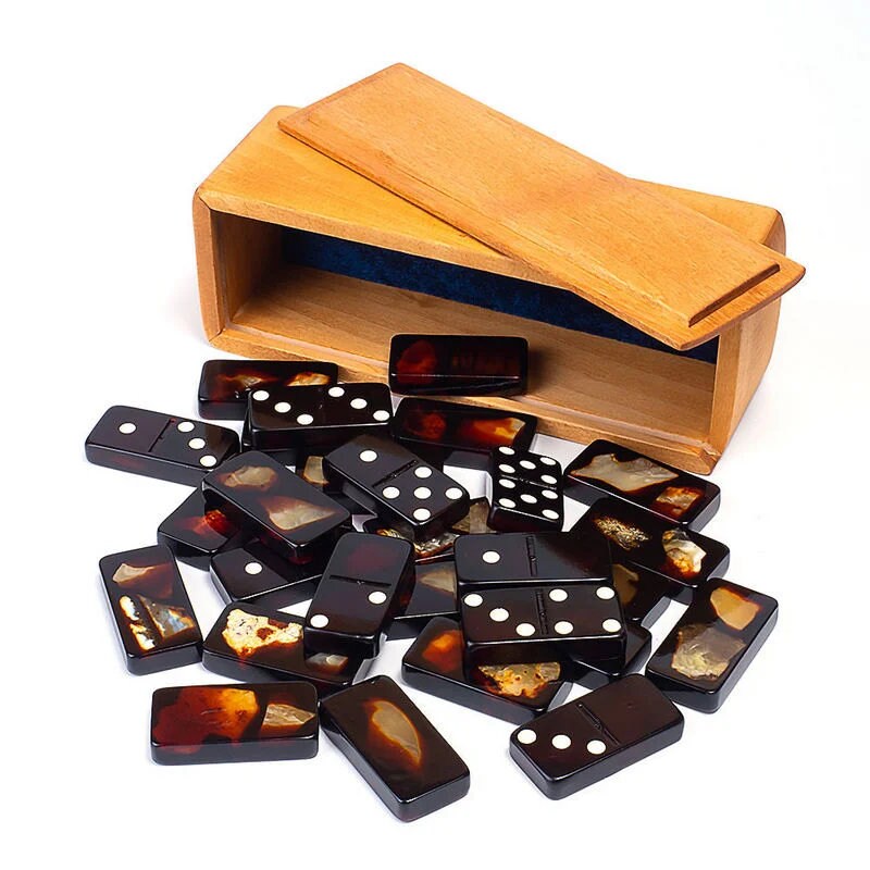 Classic amber domino set in a wooden box| Natural Baltic Amber domino set| Amber bones Chips| Amber Domino Chips| Luxury domino gift