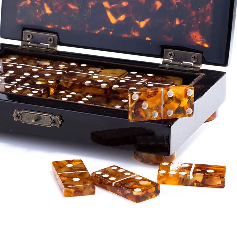 Luxury Gift amber domino with amber chips in a lacquered wooden casket| Natural Baltic Amber domino set Amber bones Chips Amber Chips