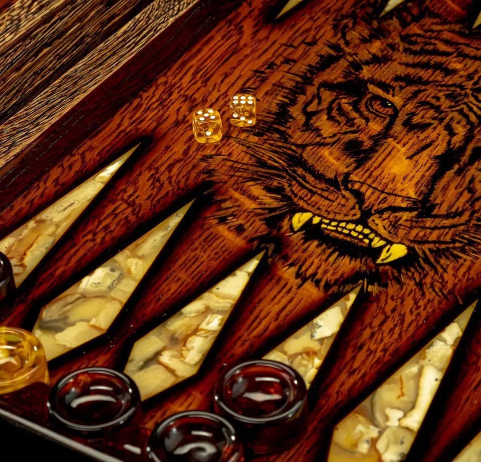 BACKGAMMON SET AMBER Tiger| Wooden backgammon board|Custom Backgammon| Amber Backgammon chips |Amber Dices| Handmade checkers