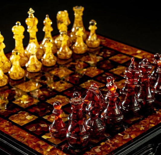 Deluxe Amber Chess Set with Hand-Carved Amber Pieces|Amber checkers| Wooden Amber Chessboard |Chess Figures|Board Game