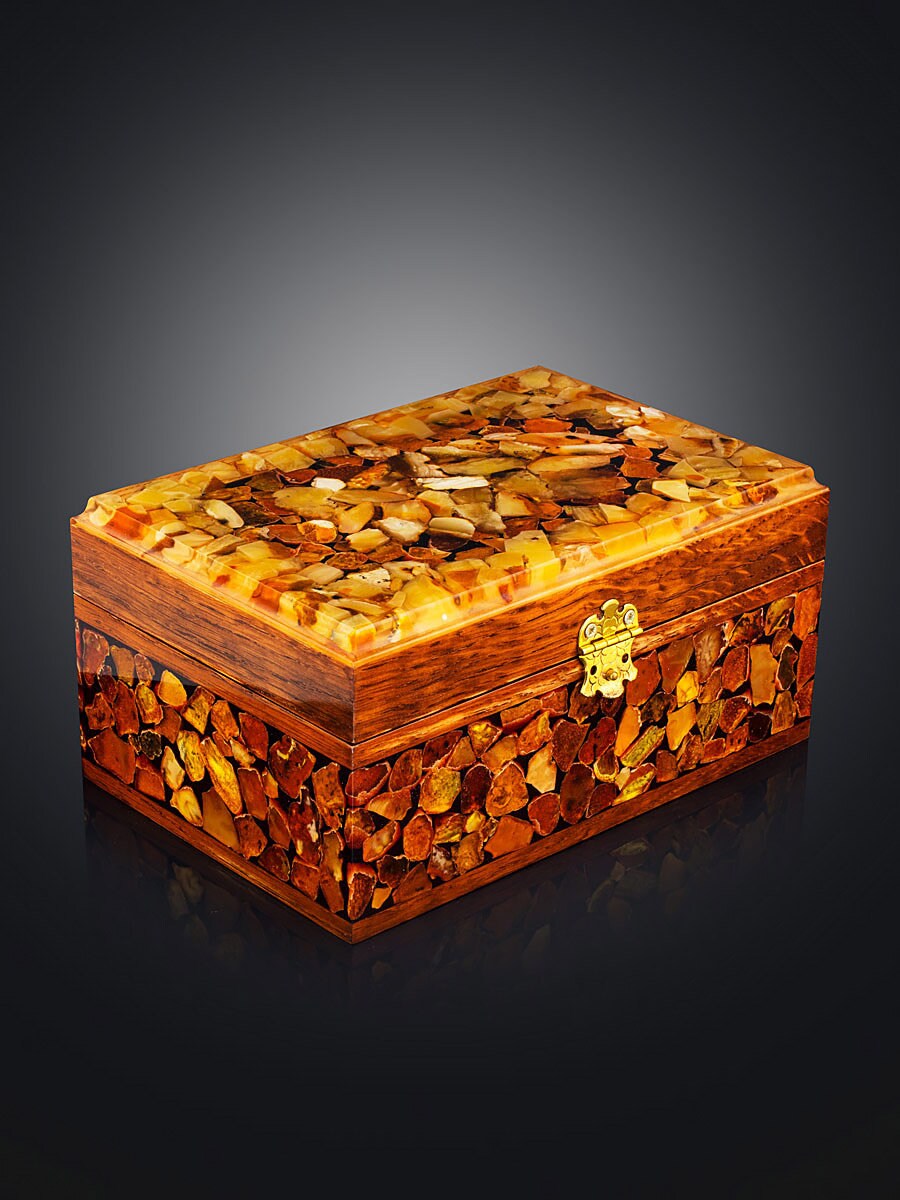 Large box made of polished wood decorated with mosaic natural Baltic amber|Wood amber storage box|Keepsake box|Mosaic amber box|Gift for her