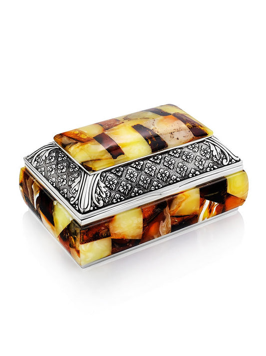 Metal Jewelry box decorated with colorful mosaic of natural Baltic amber|Brass amber storage box|Keepsake box|Mosaic amber box|Gift for her