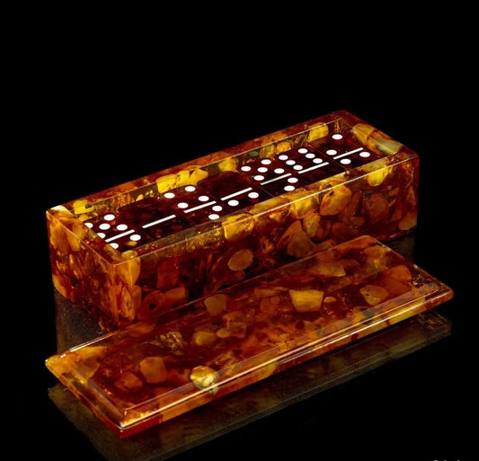 Luxury Domino Set made of natural amber with chips in a carved Amber Box| Natural Baltic Amber dominoe set|Amber bones Chips |Amber Chips