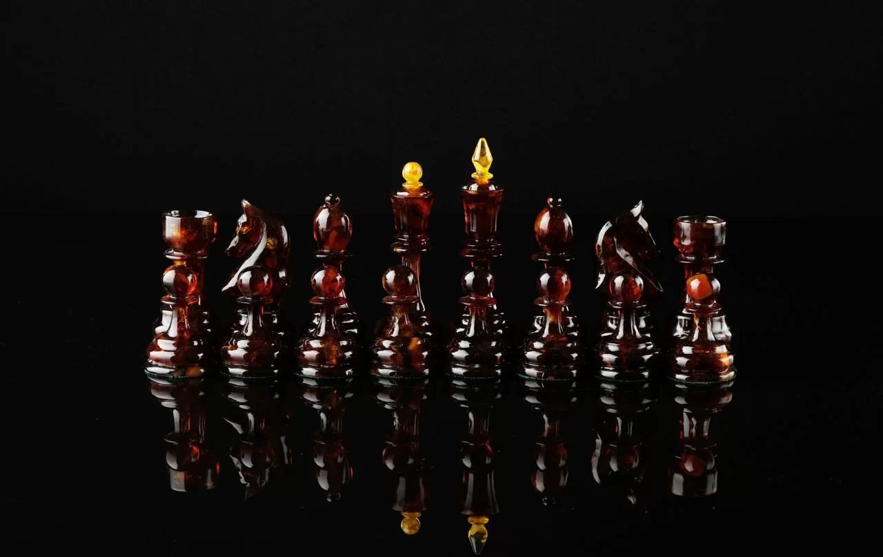 Amber classic chess figures |Handmade carved Luxury Amber chess pieces cognac honey color| Board Game| unique chess gift