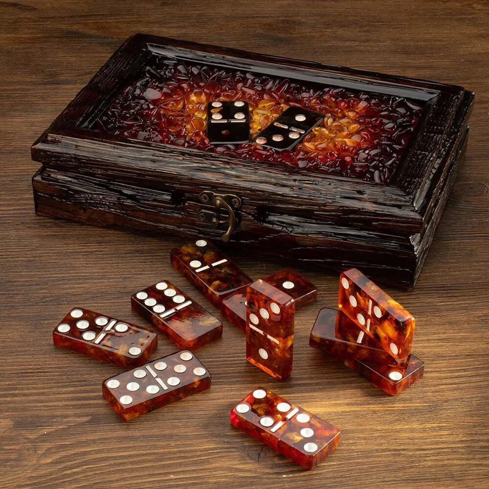 Amber domino set in a carved wooden box-casket| Amber domino game set |Amber bones Chips| Dominoe game| Game gift