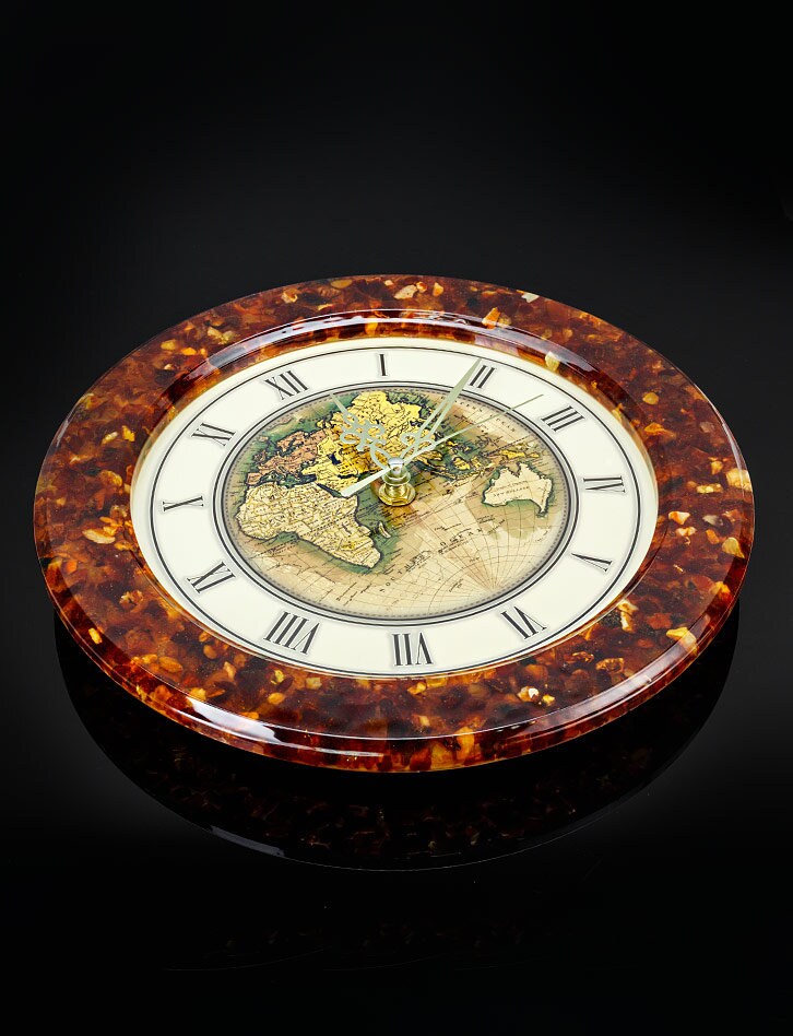 Unique Wall clock in an amber mosaic frame World Map|Amber gift|Home Decor|Wall Clock Amber |Unick Gift|Office Decor|Baltic amber decor