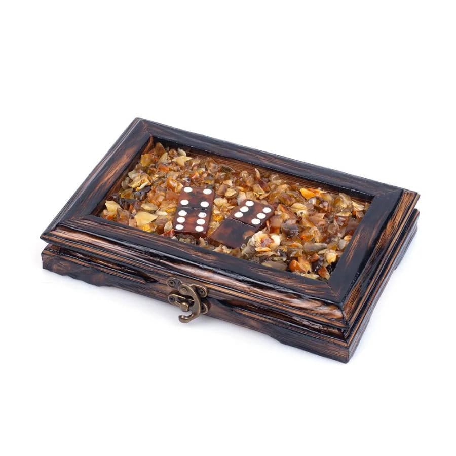 Wooden box decorated with natural Baltic amber with amber Domino chips| Natural Baltic Amber domino game set |Amber bones Chips| Amber Chips