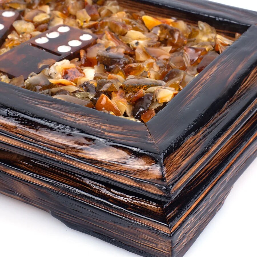 Wooden box decorated with natural Baltic amber with amber Domino chips| Natural Baltic Amber domino game set |Amber bones Chips| Amber Chips