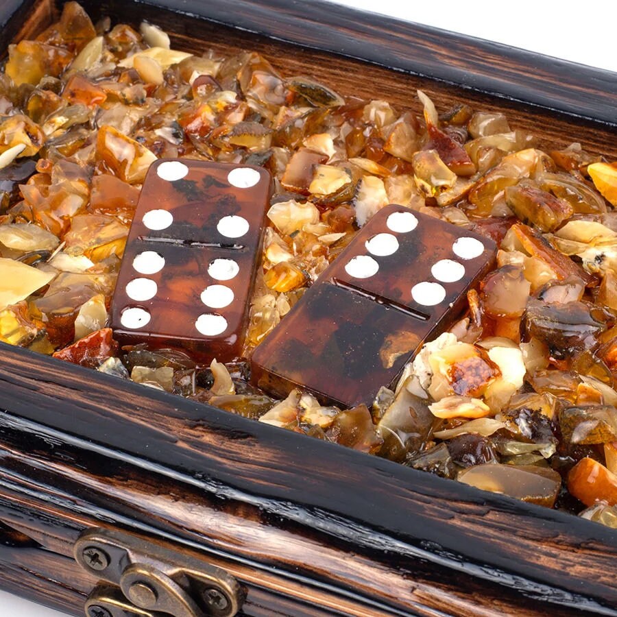 Wooden box decorated with natural Baltic amber with amber Domino chips| Natural Baltic Amber domino game set |Amber bones Chips| Amber Chips