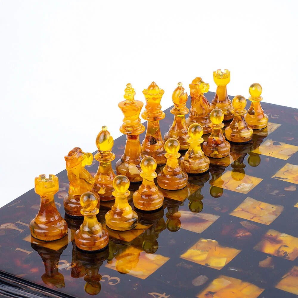 Luxury Large chess set chest with amber classic chess pieces|Wooden Amber Chessboard |Chess Figures|Board Game|Vip Gift|Unick chess gift