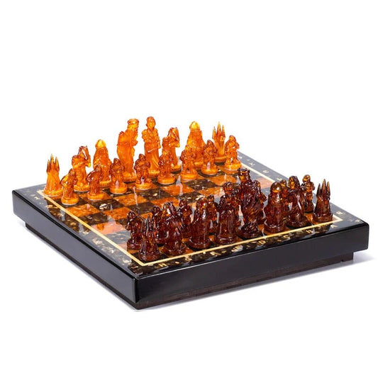 Large amber chess set in oak casket with figures Medieval Knights|Luxury Amber chess pieces|Board Game| Vip Gift|unique present|Chess gift