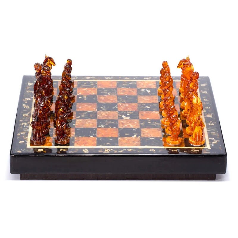 Large amber chess set in oak casket with figures Medieval Knights|Luxury Amber chess pieces|Board Game| Vip Gift|unique present|Chess gift