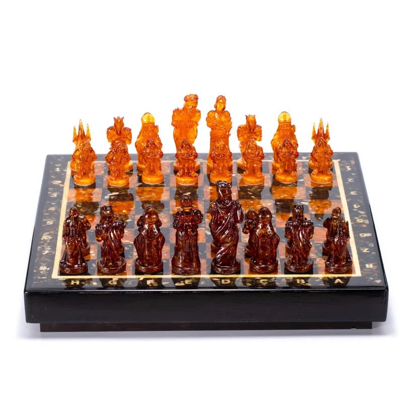 Large amber chess set in oak casket with figures Medieval Knights|Luxury Amber chess pieces|Board Game| Vip Gift|unique present|Chess gift