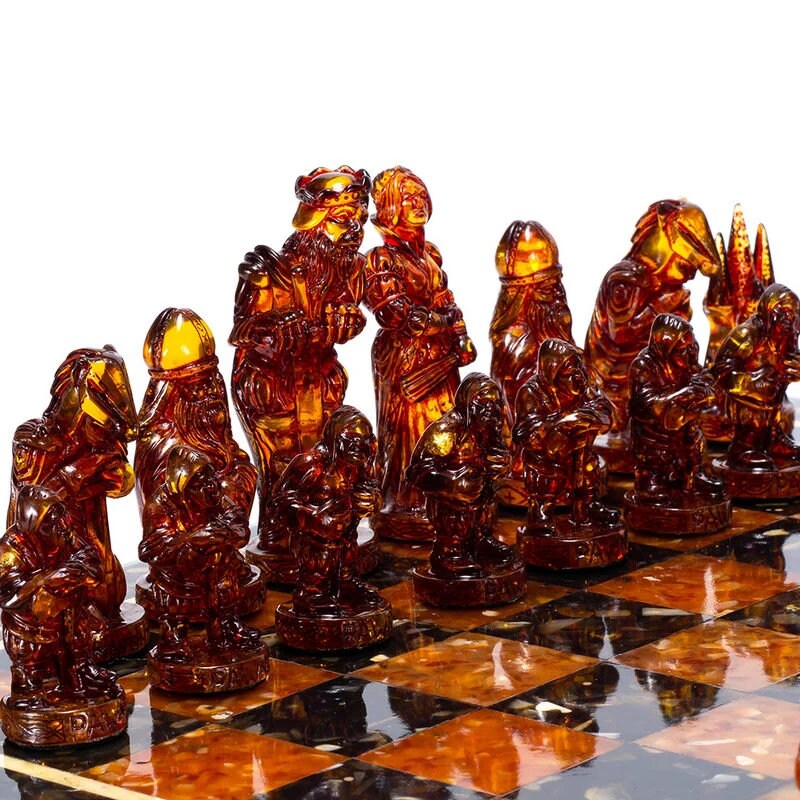 Large amber chess set in oak casket with figures Medieval Knights|Luxury Amber chess pieces|Board Game| Vip Gift|unique present|Chess gift