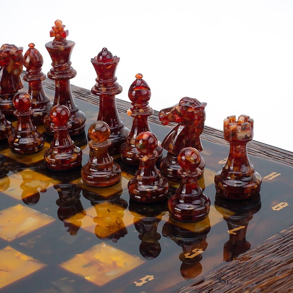 Exclusive amber chess set in an oak casket with handmade figures|Wooden Amber Chessboard |Chess Figures|Board Game|Vip Gift|Unick chess gift