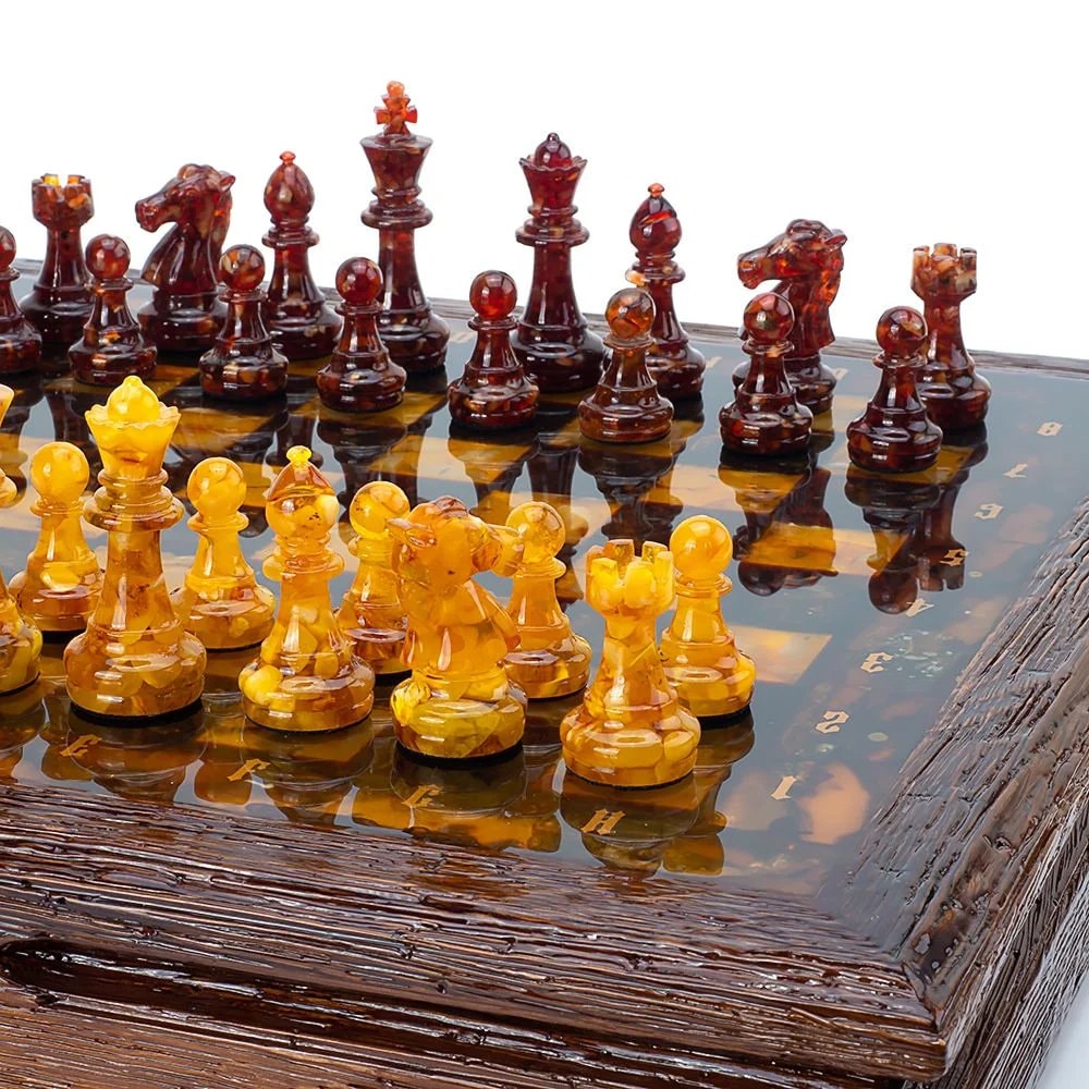 Exclusive amber chess set in an oak casket with handmade figures|Wooden Amber Chessboard |Chess Figures|Board Game|Vip Gift|Unick chess gift