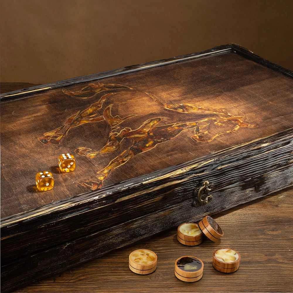 Luxury Wooden backgammon set inlaid with natural mosaic amber handmade "Horse"| Amber backgammon chips Backgammon Dices|Board Game|Vip Gift