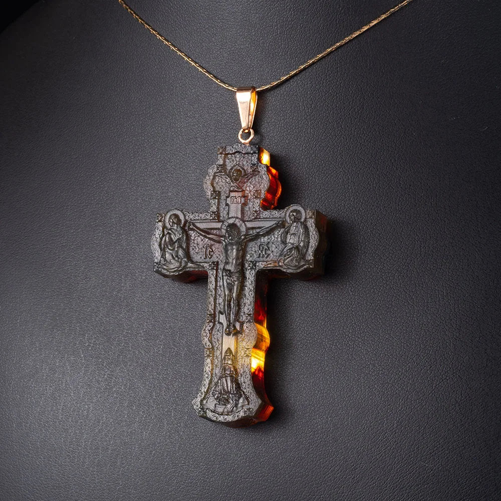 Large golden Orthodox cross with natural amber carving|Amber Cross|Crucifixion Pendant |Amber Jewelry Gift|Religious Gift|Jesus Savior