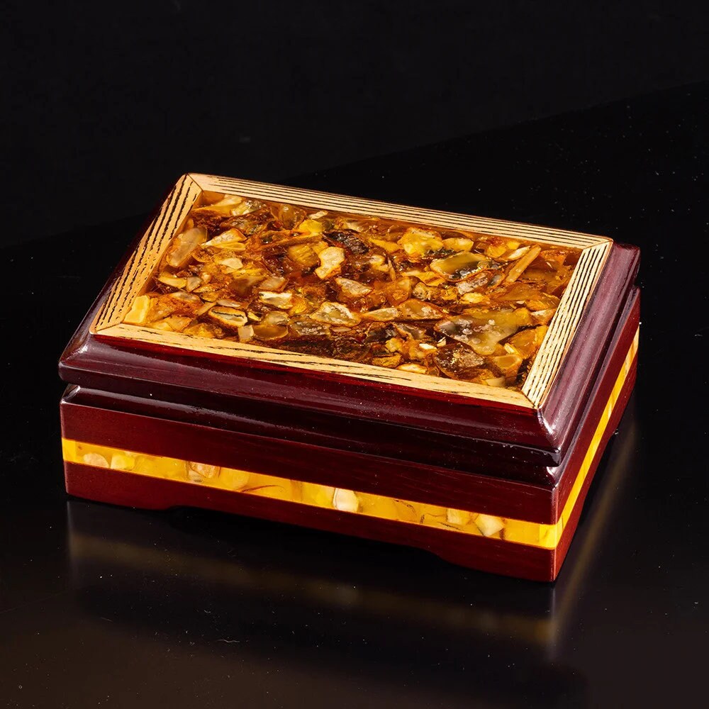 Luxury desktop jewelry box made of lacquered wood and natural amber|Wood amber storage box chest|Keepsake box|Mosaic amber box|Gift for her