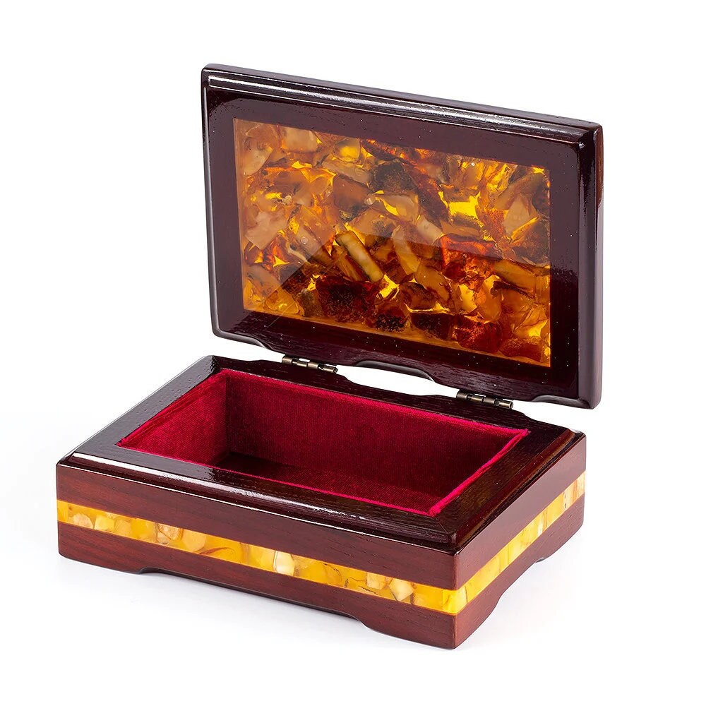 Luxury desktop jewelry box made of lacquered wood and natural amber|Wood amber storage box chest|Keepsake box|Mosaic amber box|Gift for her